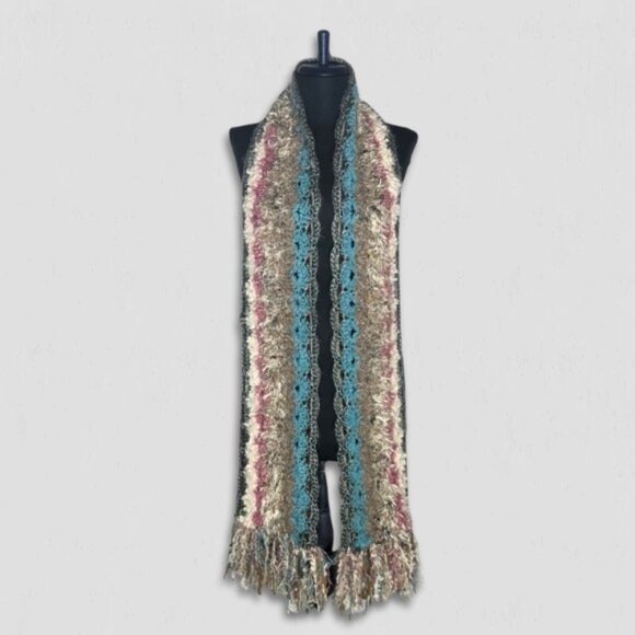 Steve Madden Boho Hippie Wool Blend Crocheted Fringe Scarf Gray Teal Pink OS - Picture 1 of 11